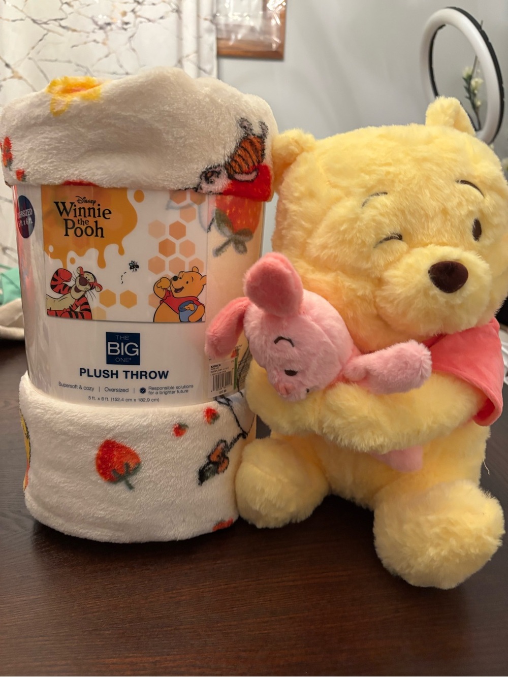 Disney Yellow Winnie the Pooh Plush with Pink Piglet & Strawberry Plush Throw